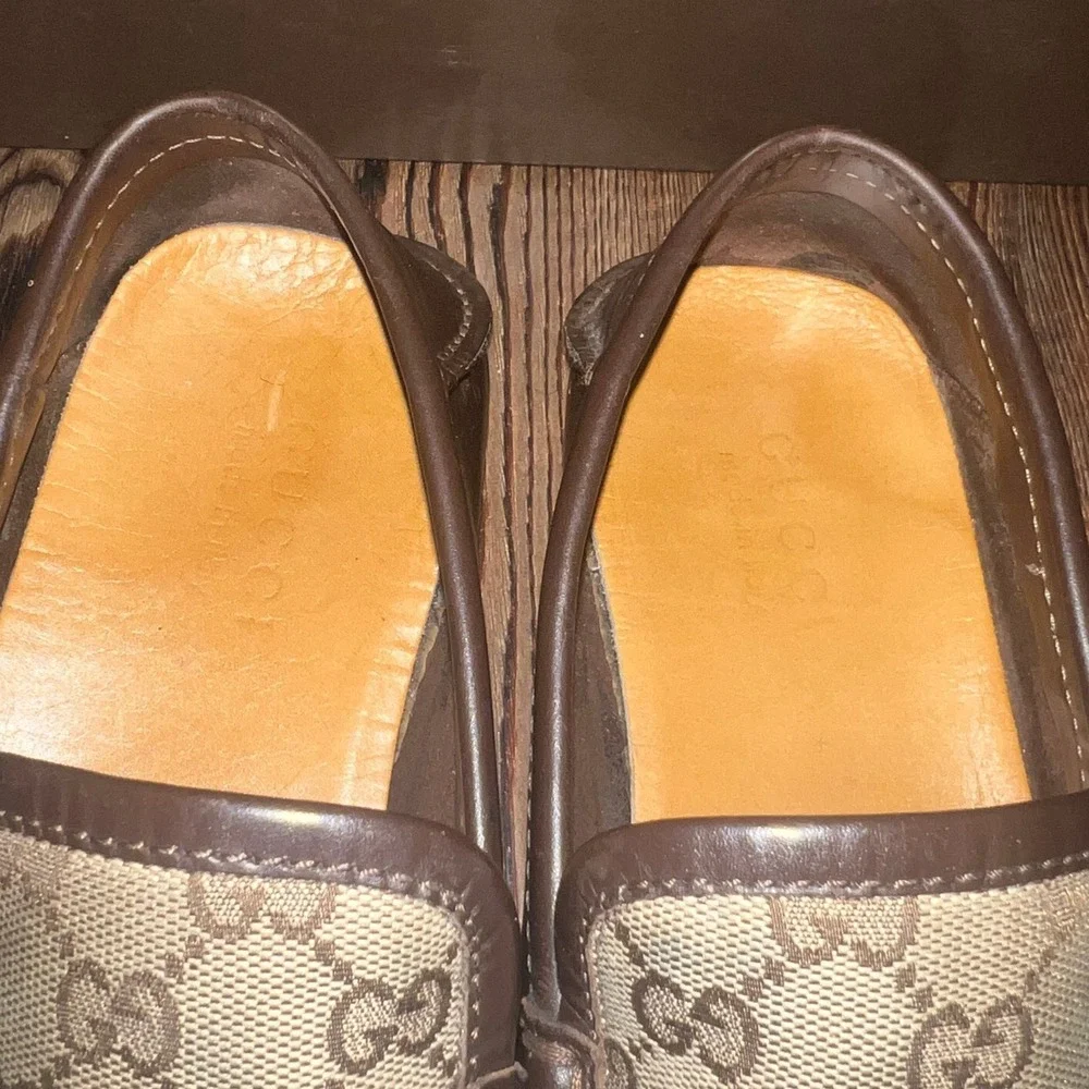 Gucci Mens Florence GG Monogram Driver Loafers Cocoa Brown Leather 153991 Size 9
